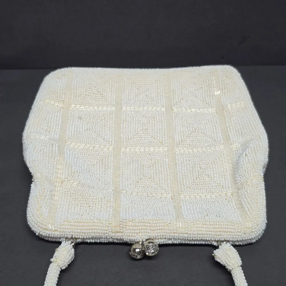 Vintage Debbie Ivory Beaded Purse Handmade In Japan Rhinestone Kisslock Wedding